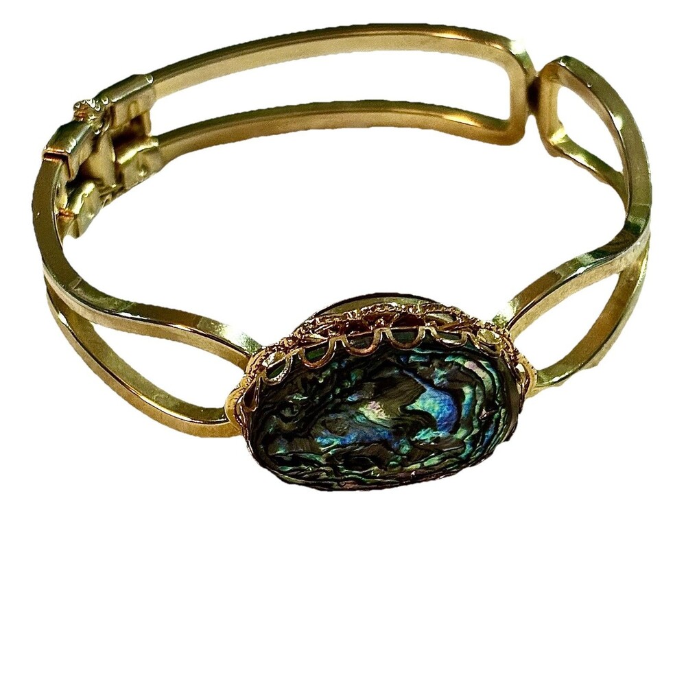 Vintage Abalone Shell Bracelet Gold Tone Hinged Bangle Filigree Statement